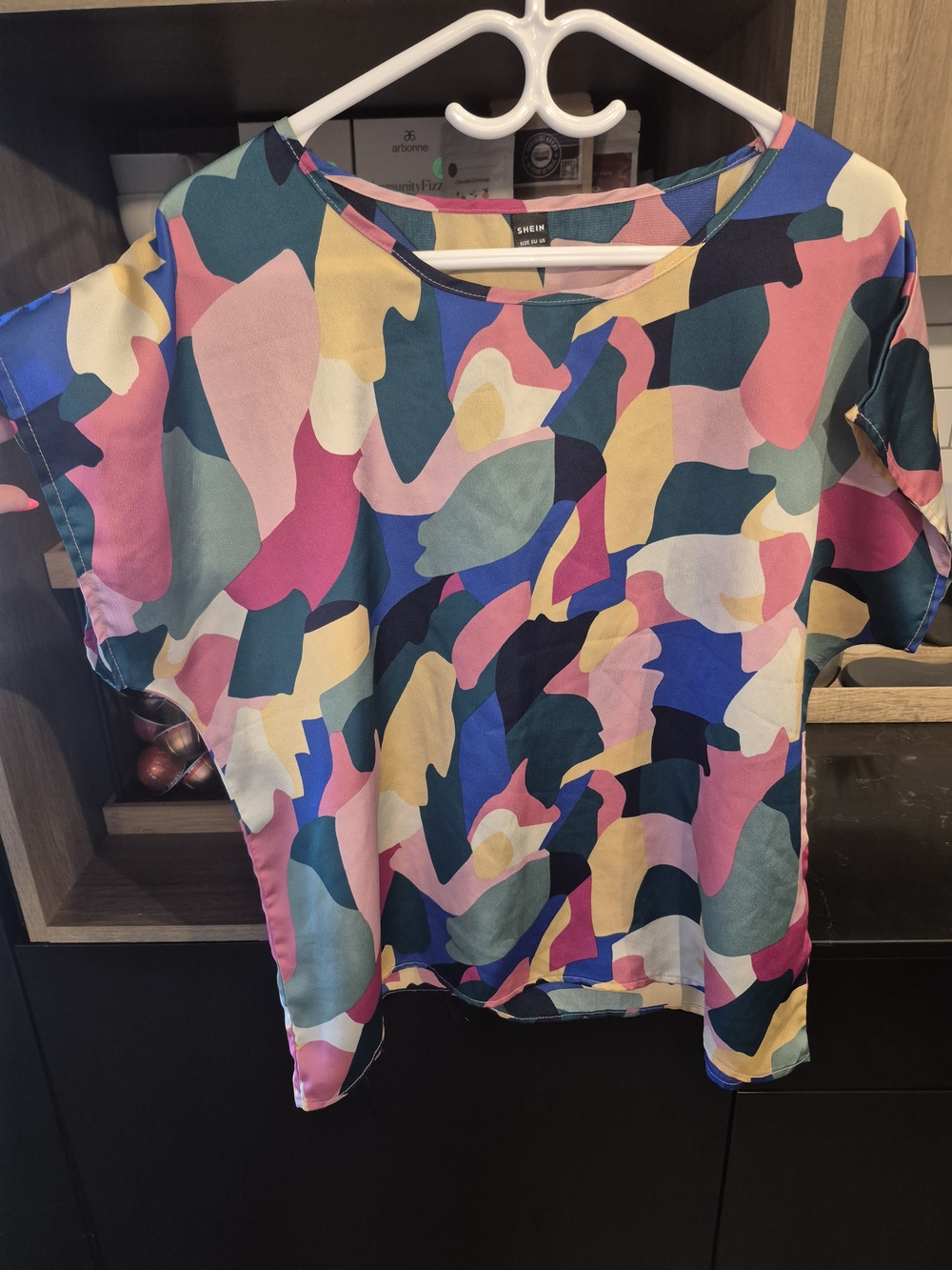Shein Multicolor Abstract Print Short Sleeve Top - Pink/Blue/Green